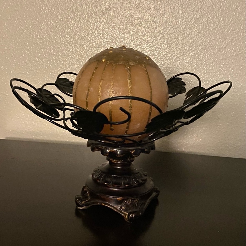 Vintage Ornate Metal Bowl Candle Holder w/ Gold Cream Candle Rustic Decor - Picture 2 of 5